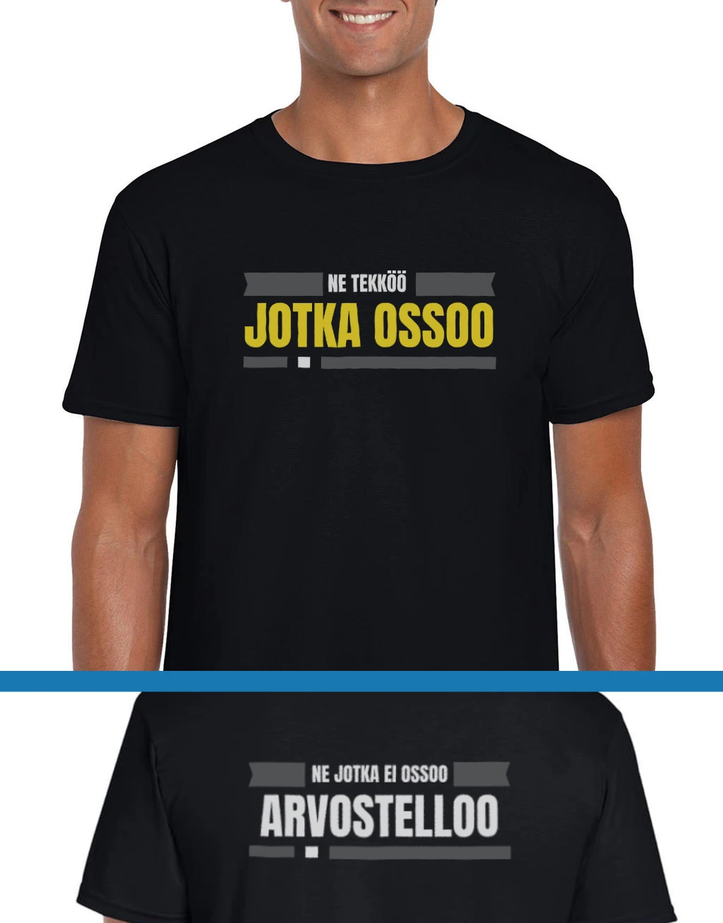 T-paita_Ossoo_keltainen_musta_etu_taka.png Huumoripaita Ossoo - T-paita - Image 1