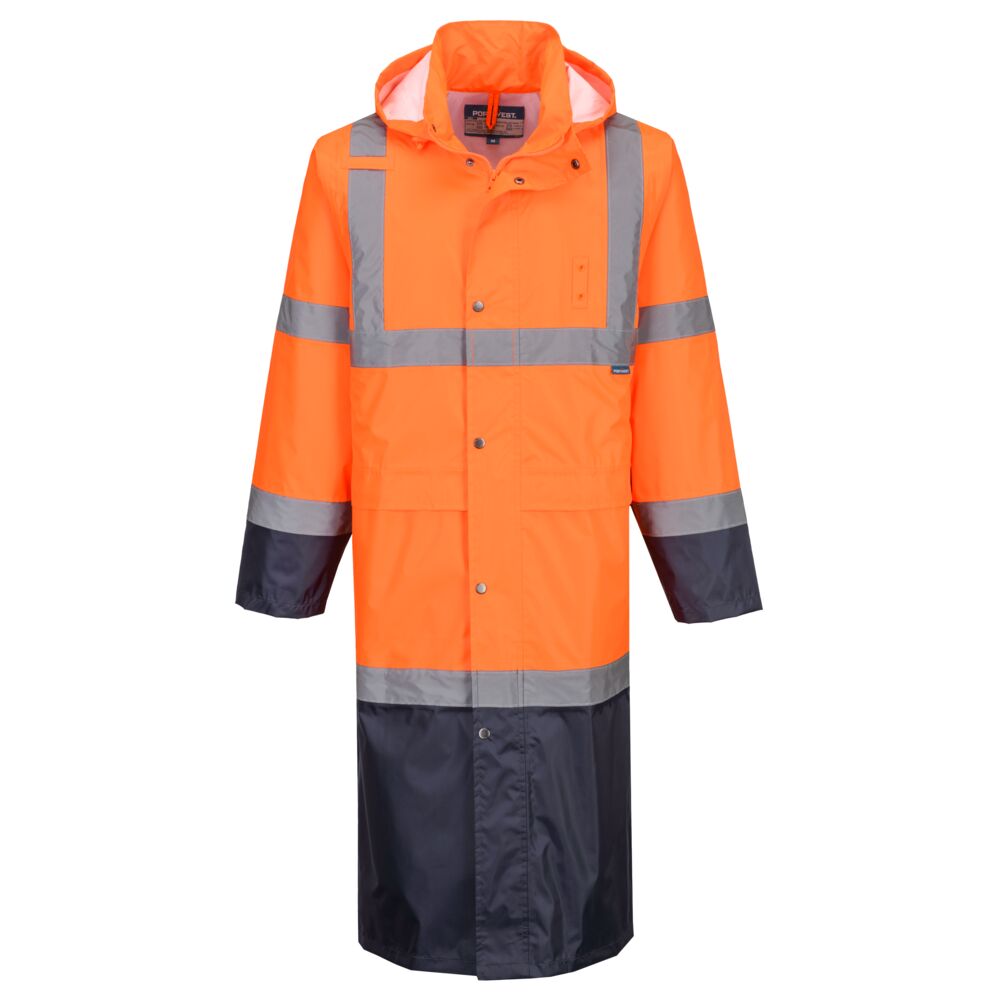 H446ONR.jpg Portwest Hi-Vis Contrast Raincoat 122cm H446 - Image 1